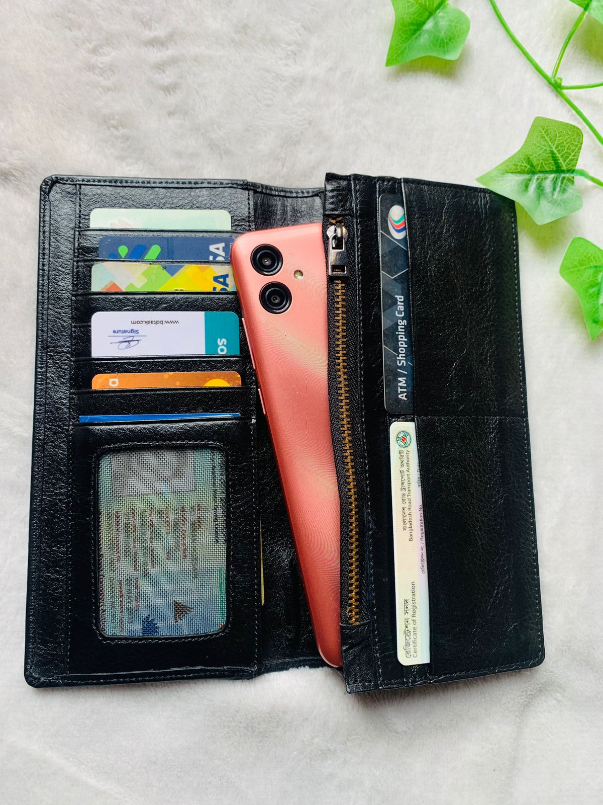 Glossy Black long Wallet with Card and Mobile Holder for man
